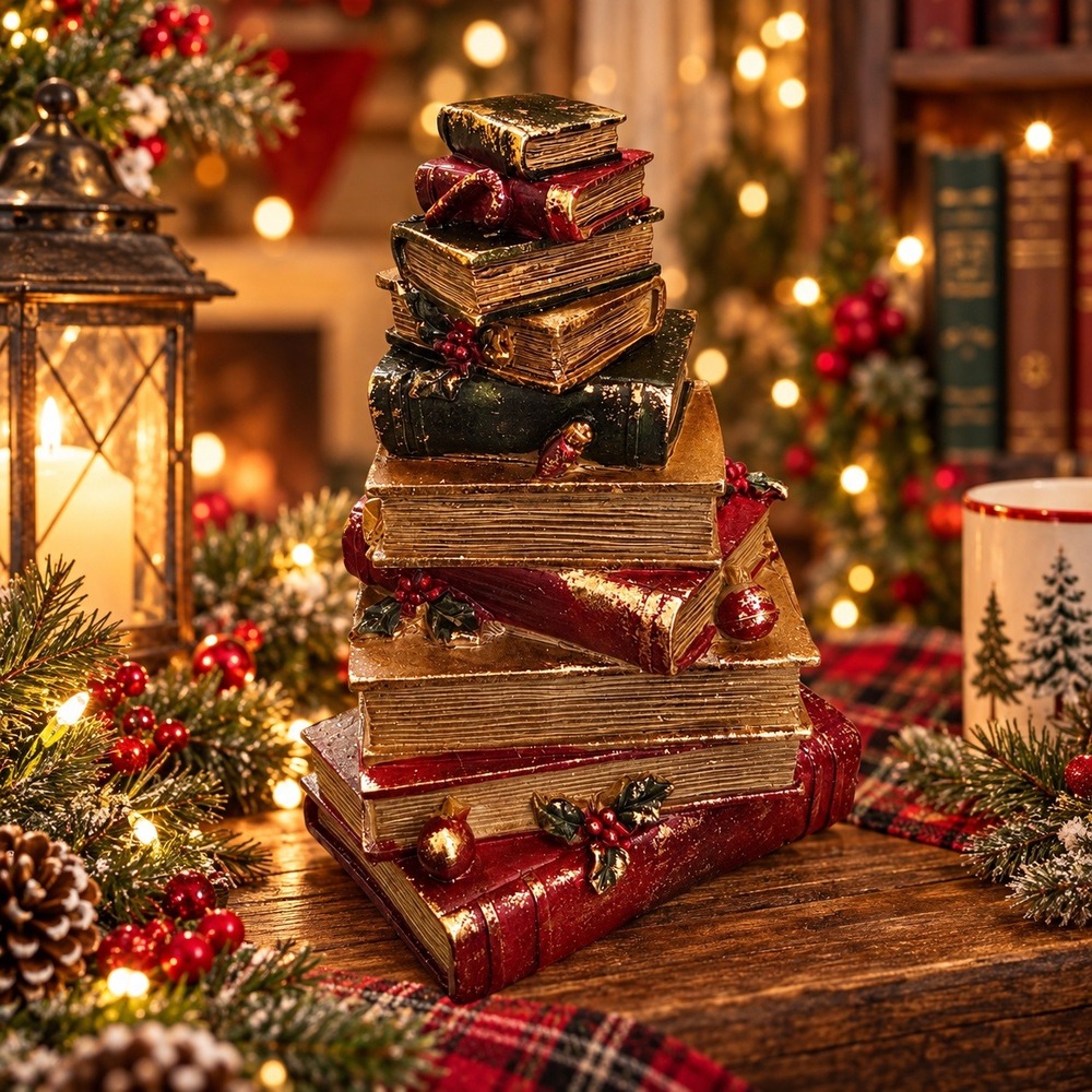 Hobby Lobby Stacked Books Holly Statue 9.75in Resin Red Gold Christmas Decor